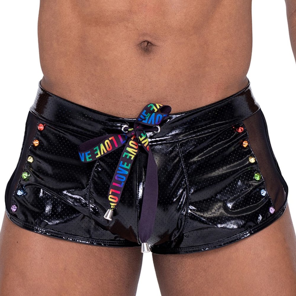 Rainbow Studded Vinyl Mesh Runner Shorts - Black